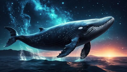 A majestic whale leaps gracefully from the shimmering ocean under a starry sky, showcasing the beauty of marine life and cosmic wonder.