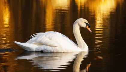 Naklejka premium A serene swan glides gracefully across a shimmering lake, reflecting golden hues from the surrounding landscape.