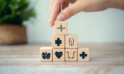 Health Insurance Concept with Wooden Cubes and Healthcare Icons for Business and Financial Planning