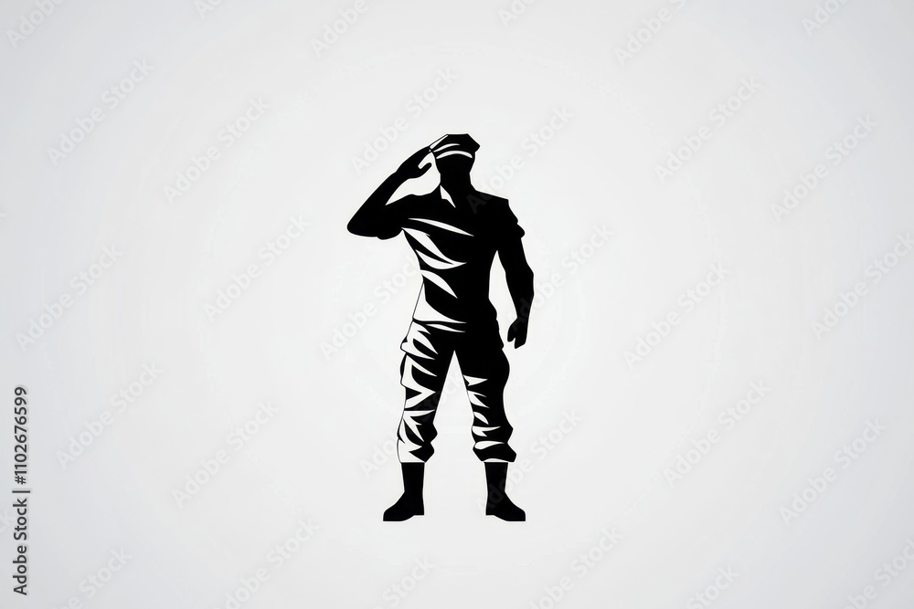 Poster a minimalist icon of a soldier saluting, designed with simple black-and-white lines and a clean aest