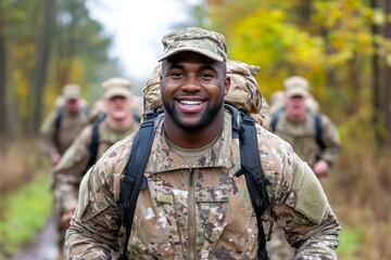 A military training camp with soldiers running an obstacle course under the guidance of drill sergeants