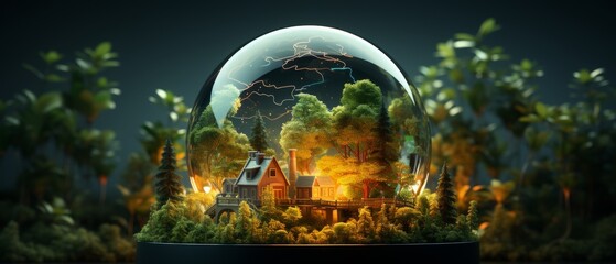 Fototapeta premium Enchanting Snow Globe with Cozy House and Lush Greenery Scene