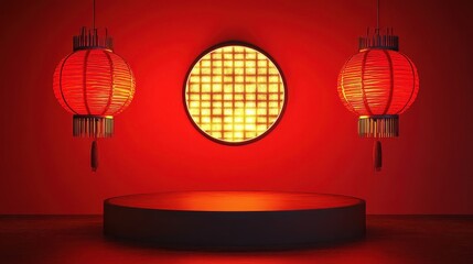 Red Lanterns Illuminate Circular Display Platform