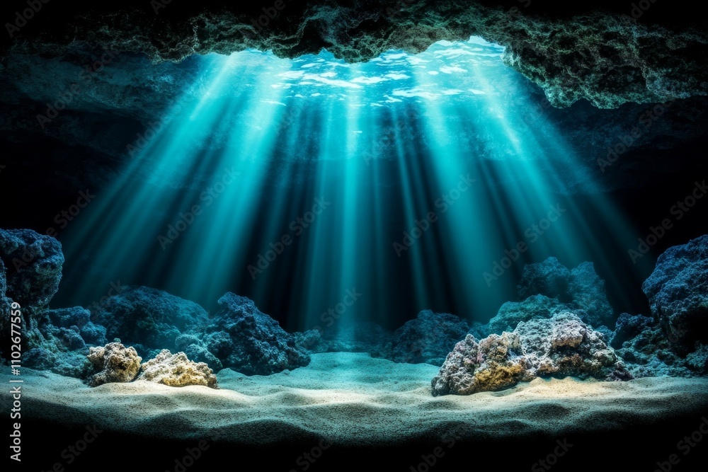 Poster a realistic underwater scene with light rays penetrating the aqua-colored water, creating a tranquil