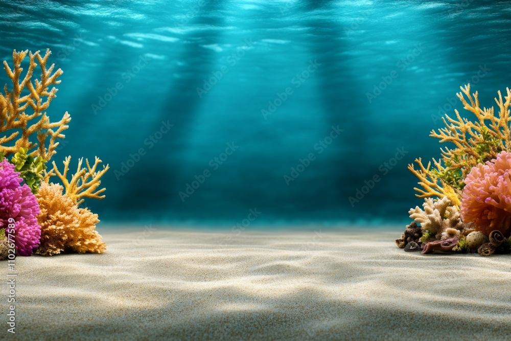 Poster a realistic underwater scene with light rays penetrating the aqua-colored water, creating a tranquil