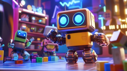 Fototapeta premium Futuristic toy robots in action poses and playing with blocks, set in a colorful, tech-inspired playroom with glowing features. 