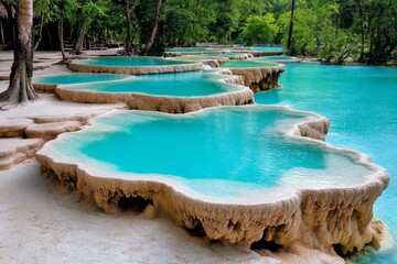 A scenic waterfall in Luang Prabang, Laos, with turquoise pools surrounded by lush tropical greenery