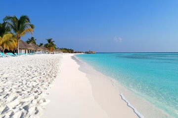Obraz premium A serene beach in the Maldives, with white sand, turquoise waters, and overwater bungalows under a clear sky