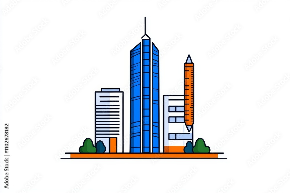 Poster a simple architectural logo design featuring a stylized skyscraper and ruler in clean lines