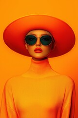 Vibrant fashion statement on a sunny day in the city with a stylish girl wearing an oversized hat and sunglasses against a bright orange background