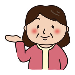 案内するピンクのカーディガンを着たおばさん