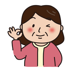 OKサインを出しているピンクのカーディガンを着たおばさん