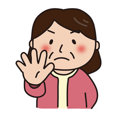 ストップのポーズをしているピンクのカーディガンを着たおばさん