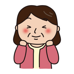 ガッツポーズをしているピンクのカーディガンを着たおばさん