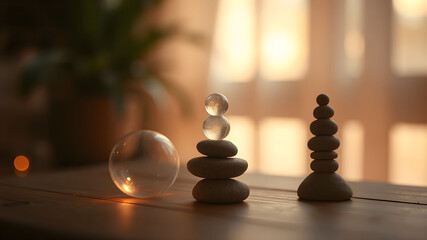 crystal ball or water drop on top of Stack rock glowing orbs symbolizing balance and serenity