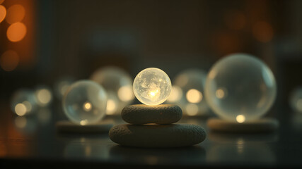 crystal ball or water drop on top of Stack rock glowing orbs symbolizing balance and serenity