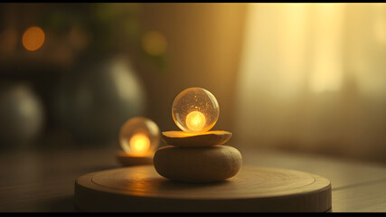 crystal ball or water drop on top of Stack rock glowing orbs symbolizing balance and serenity