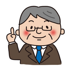 ワンポイントアドバイスをする茶色いスーツを着た眼鏡のおじさん