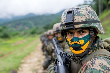 Obraz premium A squad of soldiers in full combat gear advancing through a dense jungle, holding rifles and staying alert