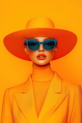Vibrant fashion statement in bold colors showcases modern elegance and individuality against a striking orange background