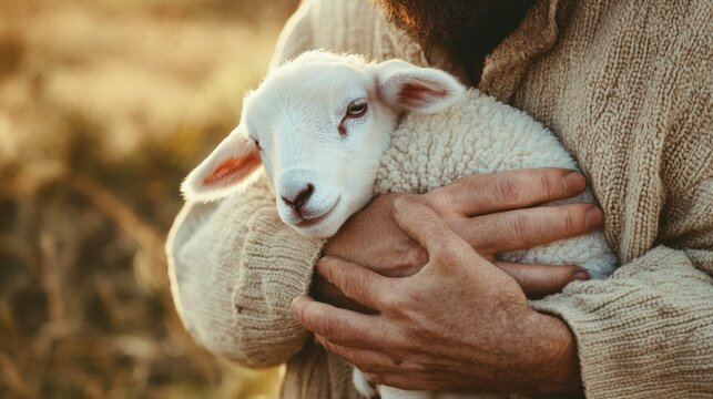 The good shepherd. A shepherd carries a lamb, embodying the care and attention given to the vulnerable, inspired by the parable of the lost sheep.
