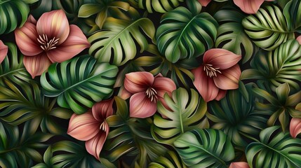 Fototapeta premium Vibrant red amaryllis blooms interwoven with lush green foliage create a stunning tropical tapestry full of life and color
