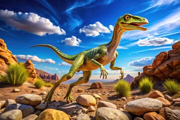 Fototapeta premium Compsognathus Dinosaur, High-DOF, Rocky Terrain, Blue Sky, Prehistoric Scene, Jurassic Park Style, Dinosaur Artwork, Digital Painting