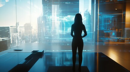 Silhouette woman views futuristic cityscape, digital display.
