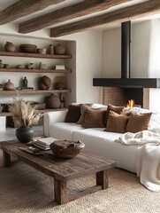 Cozy Modern Living Room with Rustic Decor, Featuring a Fireplace, Wooden Coffee Table, White Sofa with Brown Pillows, and Earth-Toned Accents Creating a Warm and Inviting Atmosphere.