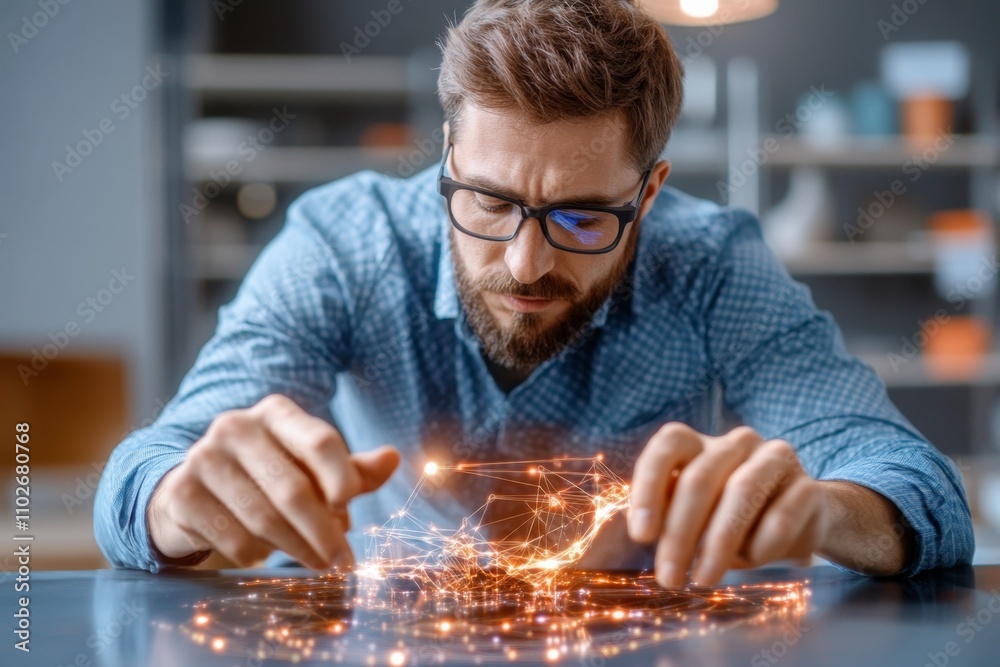 Poster Artist in a digital 3D workspace, creating a realistic model on a holographic screen with futuristic tools