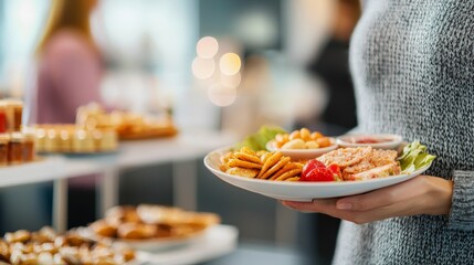 Casual Networking Event Spread Featuring Finger Foods and Snacks on a Plate at a Business Gathering for Professionals to Enjoy and Connect Over Delicious Treats