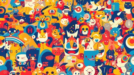 Fototapeta premium A colorful collage of whimsical characters and abstract designs.