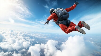 Skydiver in Red Suit Falling Through Clouds