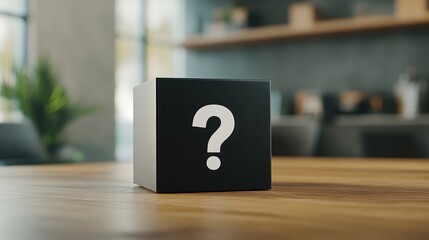 Mysterious Black Box with Question Mark on Table