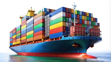 Cargo Ship Isolated on White Background with Containers - Freight Vessel, Shipping, Import and Export, Maritime Transport, Industrial Shipping, Logistics, International Trade