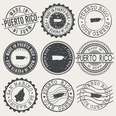 Puerto Rico Set of Stamps. Country Travel Marks. Made In Product. Design Seals Old Style Insignia.
