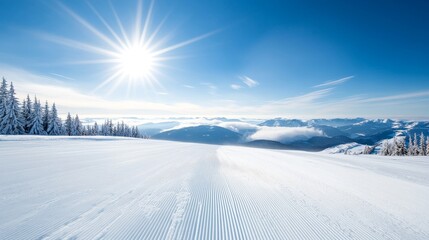 Winter Landscape with Bright Sun and Snowy Slopes
