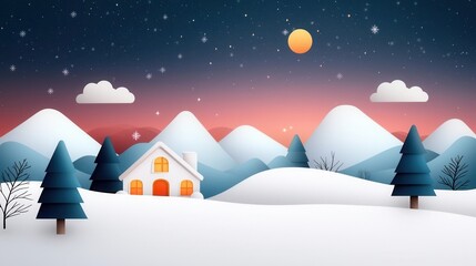 Obraz premium Cozy winter cabin nestled in a snowy mountain landscape under a starry moonlit sky Peaceful serene and magical winter scene with a rustic cottage home in a remote tranquil setting