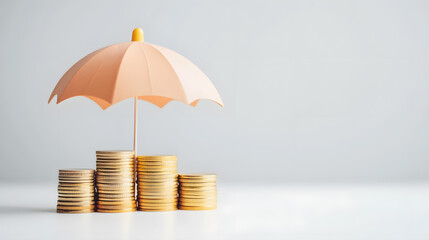 Stylized umbrella shading variety of coin stacks, symbolizing financial protection and savings. soft colors create calm and secure atmosphere