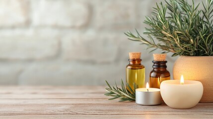 A serene arrangement of candles and essential oils on a wooden surface, complemented by fresh greenery against a soft, neutral backdrop.