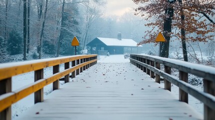 Cozy Wooden Cabin Nestled in Snowy Forest Landscape with Frozen Lake and Wooden Bridge   Peaceful Tranquil Winter Wonderland Scene with Atmospheric Mood and Serene Ambiance