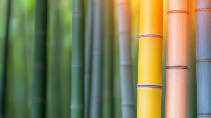 Colorful bamboo stalks create a serene, natural backdrop, showcasing vibrant shades of green, yellow, and orange in a tranquil setting.