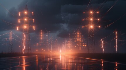 Tall electric towers are illuminated by glowing energy against a backdrop of stormy clouds. A striking visual of power and weather interaction, perfect for energy industry concepts. AI generated.
