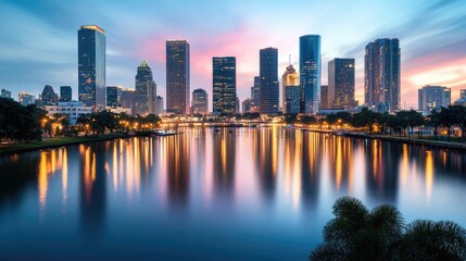 Obraz premium City skyline reflecting on water during sunset with vibrant colors.