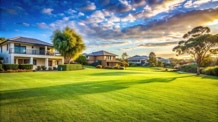 Australian Suburban Park, Green Lawn, Modern Homes, Public Space, Copy Space, Residential Area, Landscape Photography