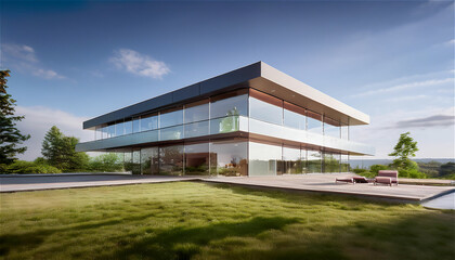 Obraz premium The exterior of a large, modern window building with a minimal design