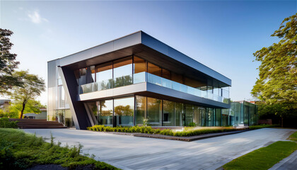 Obraz premium The exterior of a large, modern window building with a minimal design
