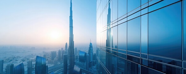 Obraz premium Modern skyscrapers reflecting the sunrise in a vibrant urban skyline.