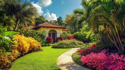 Obraz premium Beautiful Florida home with lush landscaping and bright flowers under a sunny sky during midday 