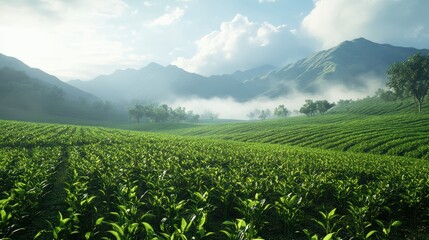 Fototapeta premium Lush Green Tea Plantation in Rolling Hills Under Gentle Morning Light.